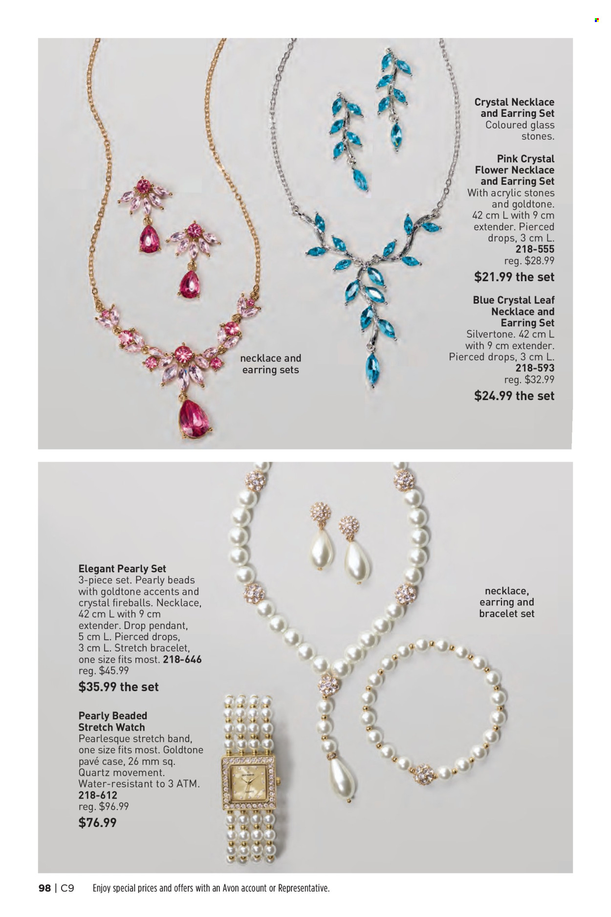 thumbnail - Avon Flyer - Sales products - Avon, bracelet, earrings, necklace, watch, pendant. Page 98.