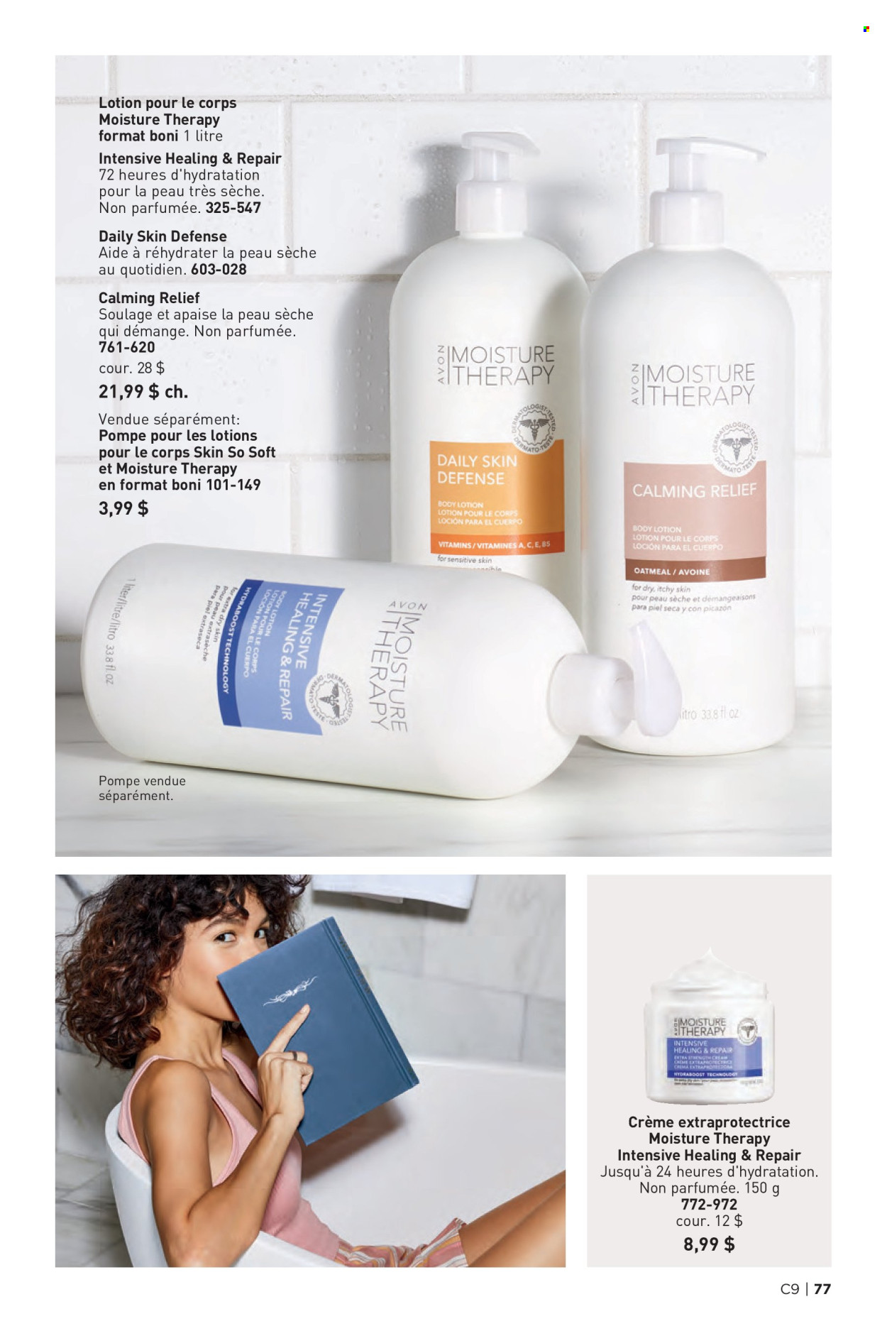 thumbnail - Avon Flyer - Sales products - Avon, Moisture Therapy, Skin So Soft, body lotion, dietary supplement, vitamins. Page 77.