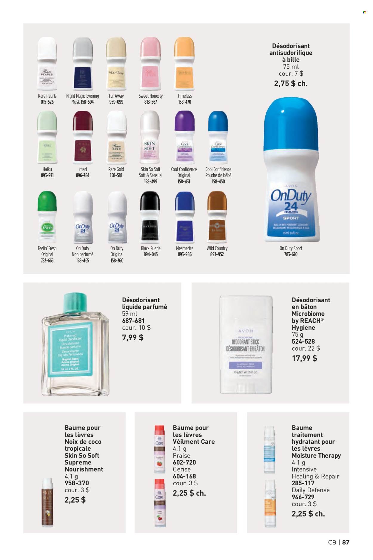 thumbnail - Avon Flyer - Sales products - Avon, Moisture Therapy, Skin So Soft, far away, roll-on, Imari, deodorant. Page 87.