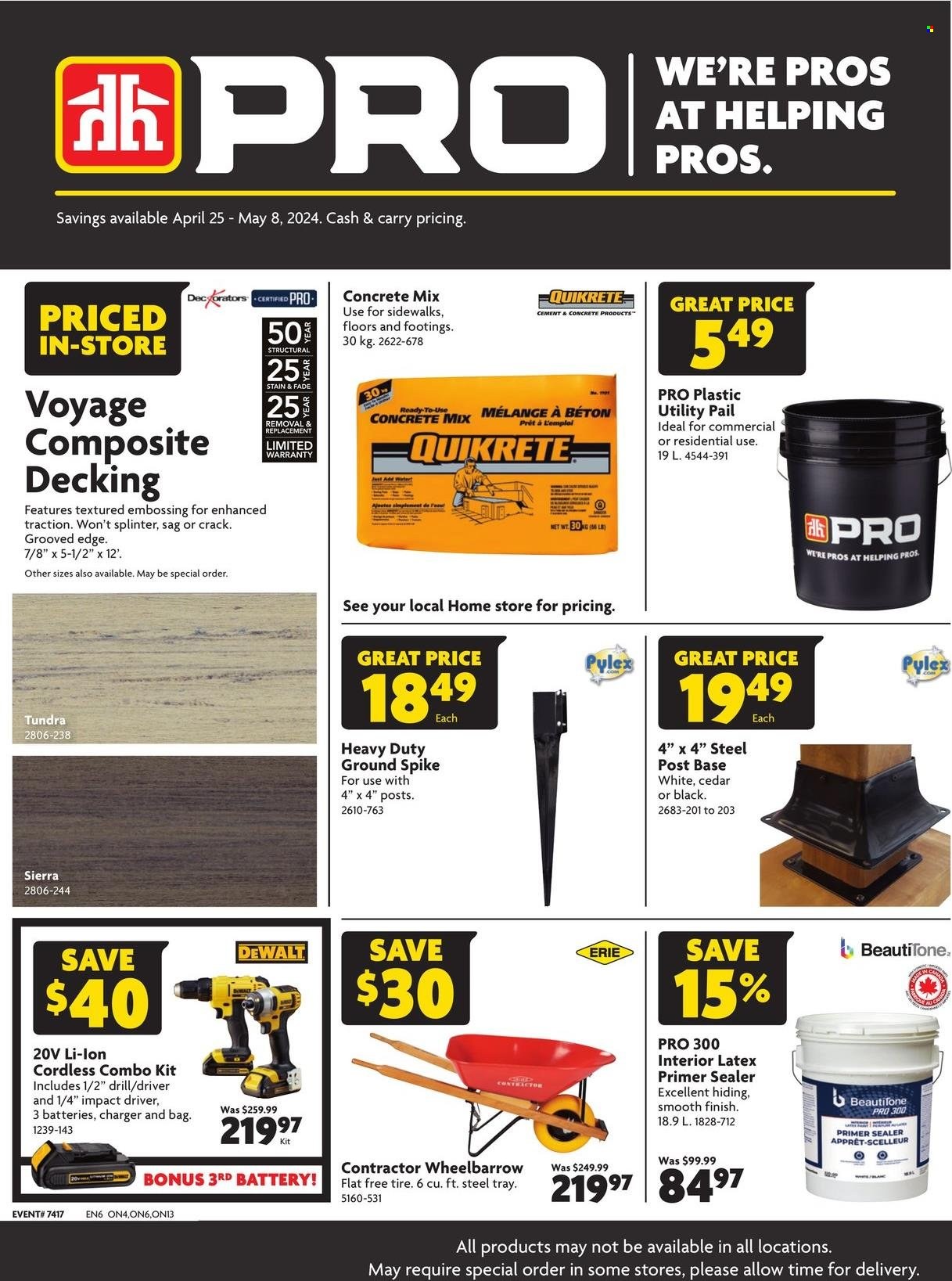 thumbnail - Home Hardware Flyer - April 25, 2024 - May 08, 2024 - Sales products - decking, concrete mix, cordless combo kit, DeWALT, impact driver, combo kit, wheelbarrow, battery. Page 1.
