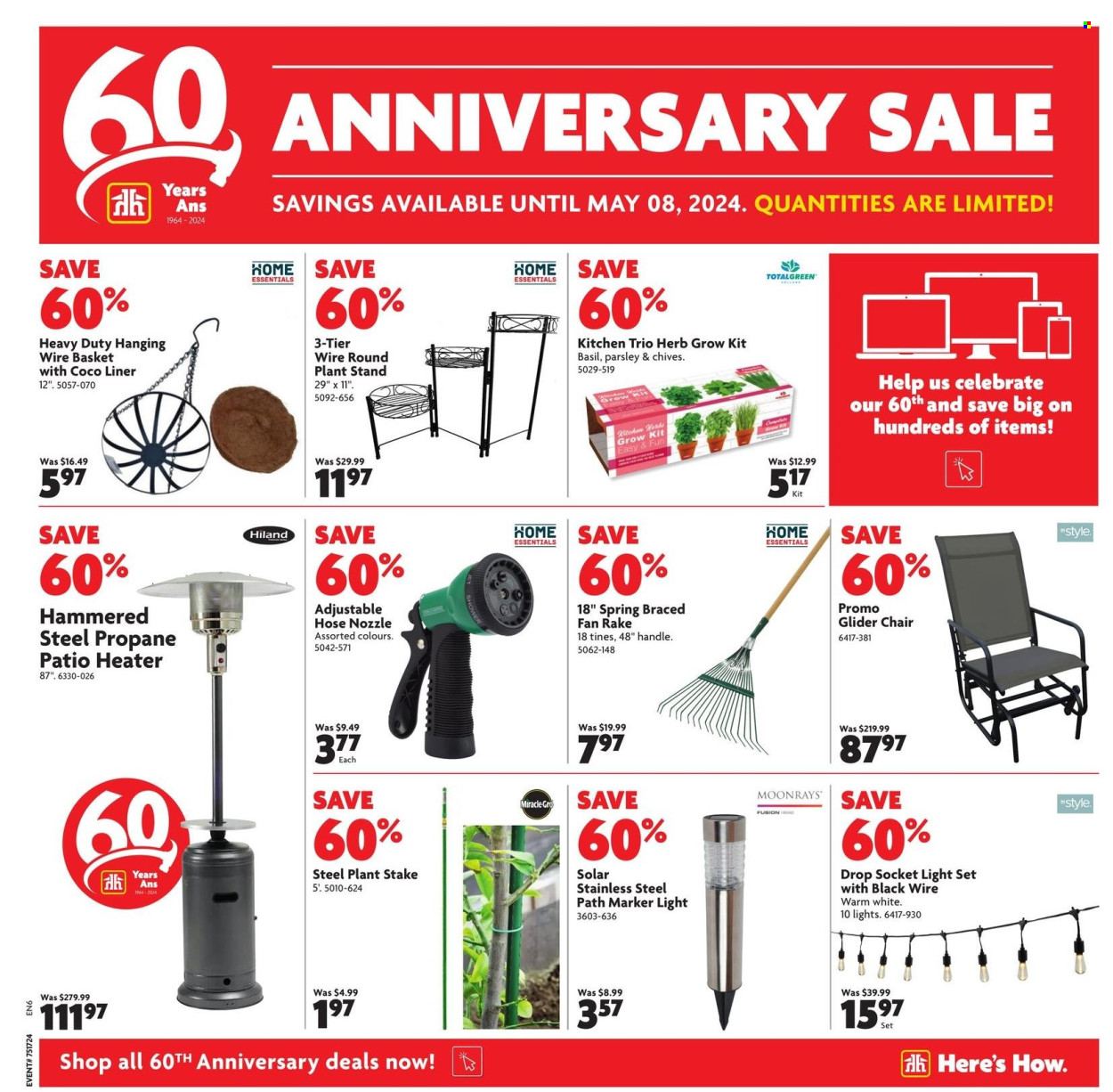 thumbnail - Home Hardware Flyer - April 25, 2024 - May 08, 2024 - Sales products - chair, plant stand, light set, socket, heater, basket, herbs, rake. Page 4.