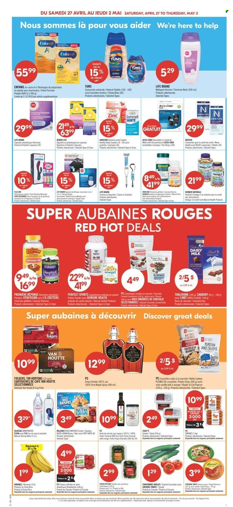 thumbnail - Pharmaprix Flyer - April 27, 2024 - May 02, 2024 - Sales products - soufflés, cucumber, salad, avocado, bananas, strawberries, snack bar, milk powder, Kellogg's, Toblerone, Cadbury, pastilles, Dairy Milk, Pop-Tarts, chocolate bar, bars, potato chips, popcorn, Nutri-Grain, extra virgin olive oil, maple syrup, syrup, almonds, coconut, chocolate covered nuts, spring water, bottled water, Smartwater, Evian, Folgers, coffee capsules, K-Cups, Enfamil, infant milk, PREMIERE, Prenatal, calcium, Vitafusion, probiotics, Omega-3, zinc, whey protein, nutritional supplement, Antacid, dietary supplement, health supplement, vitamins, pregnancy test, glucose monitoring system, Lindt. Page 12.