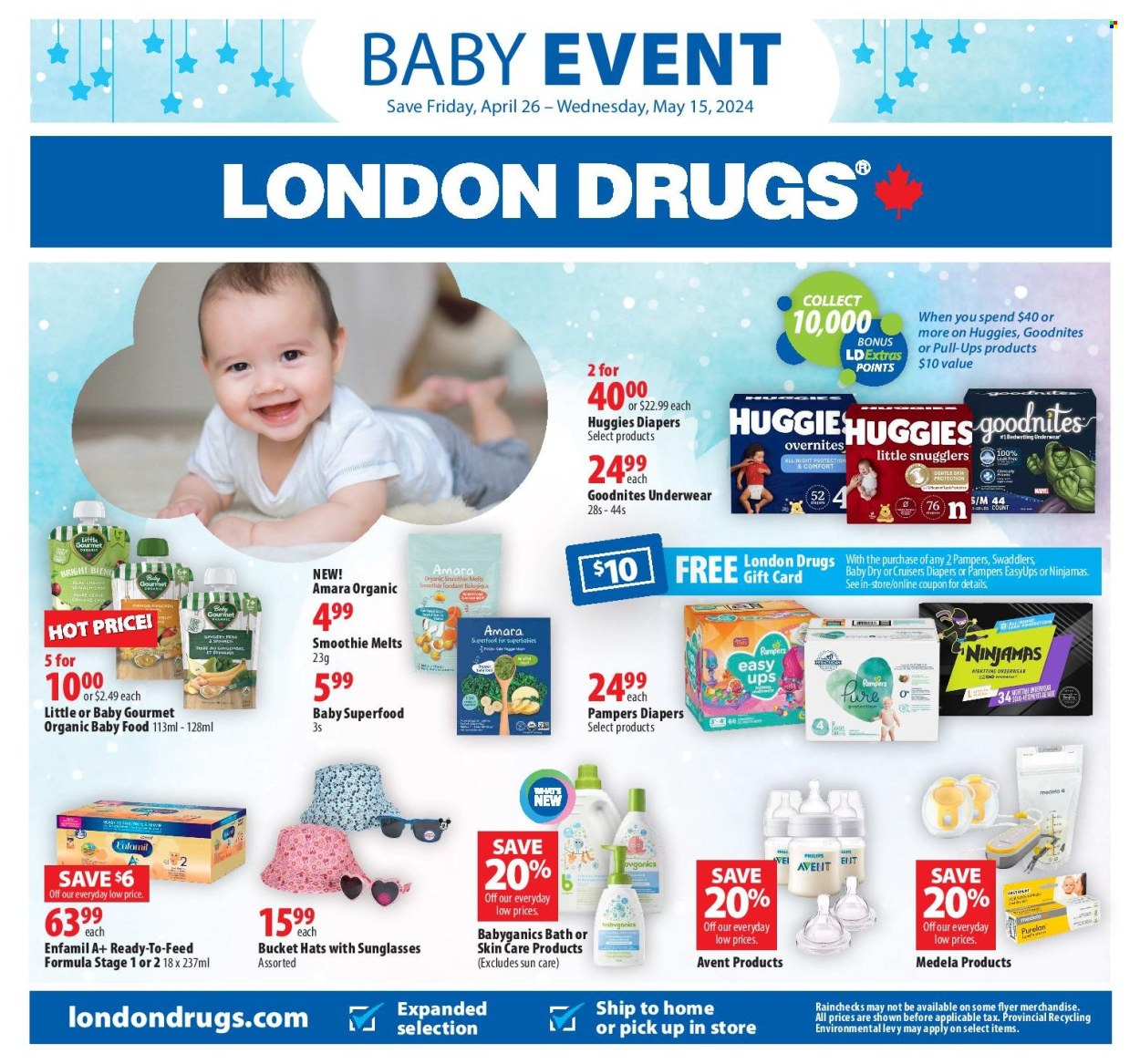 thumbnail - London Drugs Flyer - April 26, 2024 - May 15, 2024 - Sales products - Philips, milk powder, smoothie, Pampers, nappies, baby pants, sun care, skin care product, bucket, Huggies. Page 1.