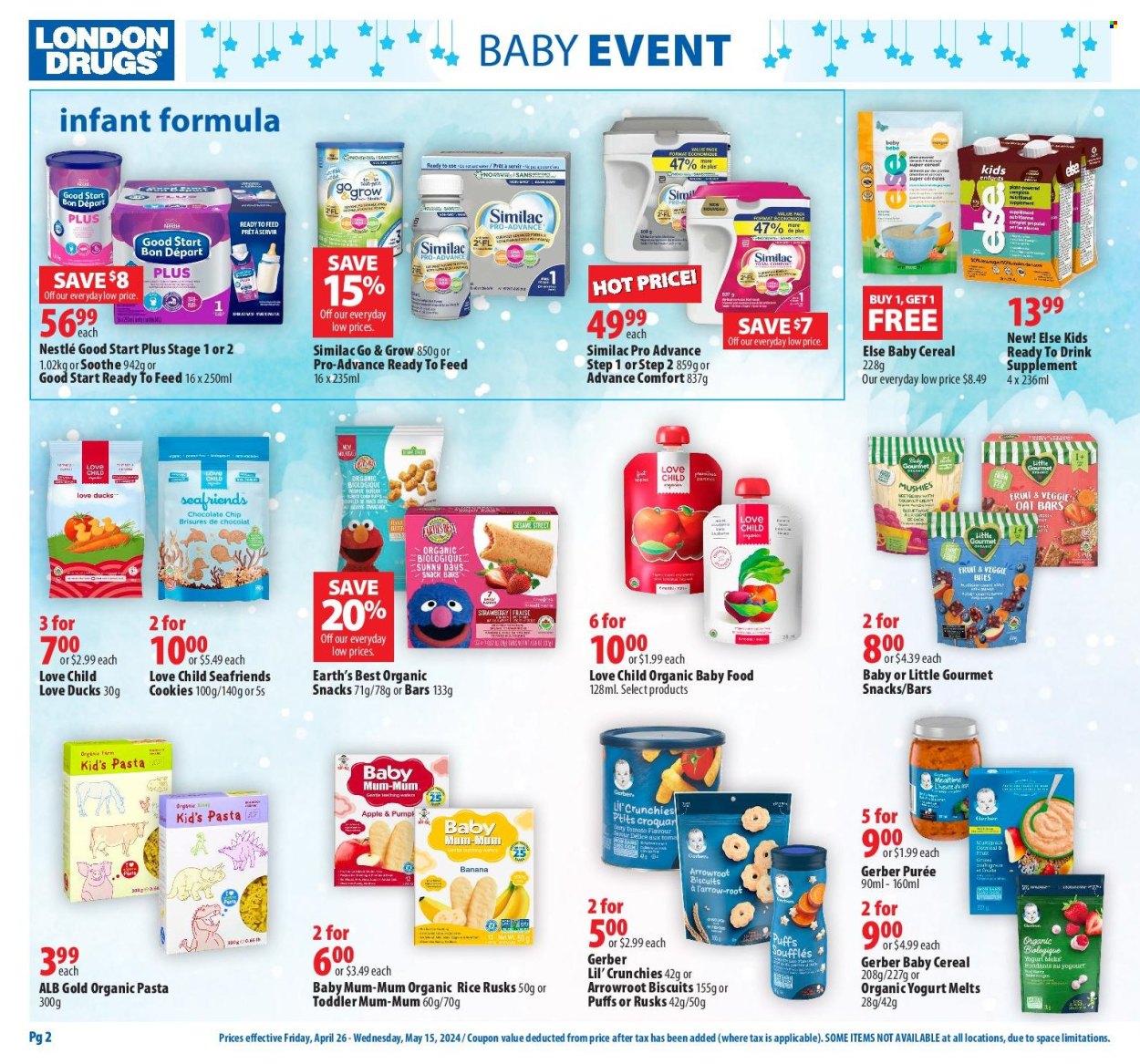thumbnail - London Drugs Flyer - April 26, 2024 - May 15, 2024 - Sales products - cookies, snack, biscuit, snack bar, Sesame Street, Gerber, puffs, Lil' Crunchies, oat bar, pasta, Similac, nutritional supplement, Nestlé. Page 2.