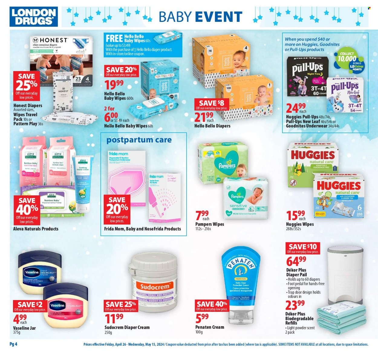 thumbnail - London Drugs Flyer - April 26, 2024 - May 15, 2024 - Sales products - jelly, tea, wipes, Pampers, baby wipes, nappies, baby pants, Vaseline, jar, houseplant, Sudocrem, Huggies. Page 4.