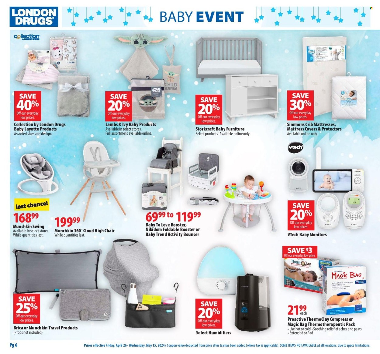 thumbnail - London Drugs Flyer - April 26, 2024 - May 15, 2024 - Sales products - chair, monitor, high chair, mattress, Simmons, crib, Vtech. Page 6.