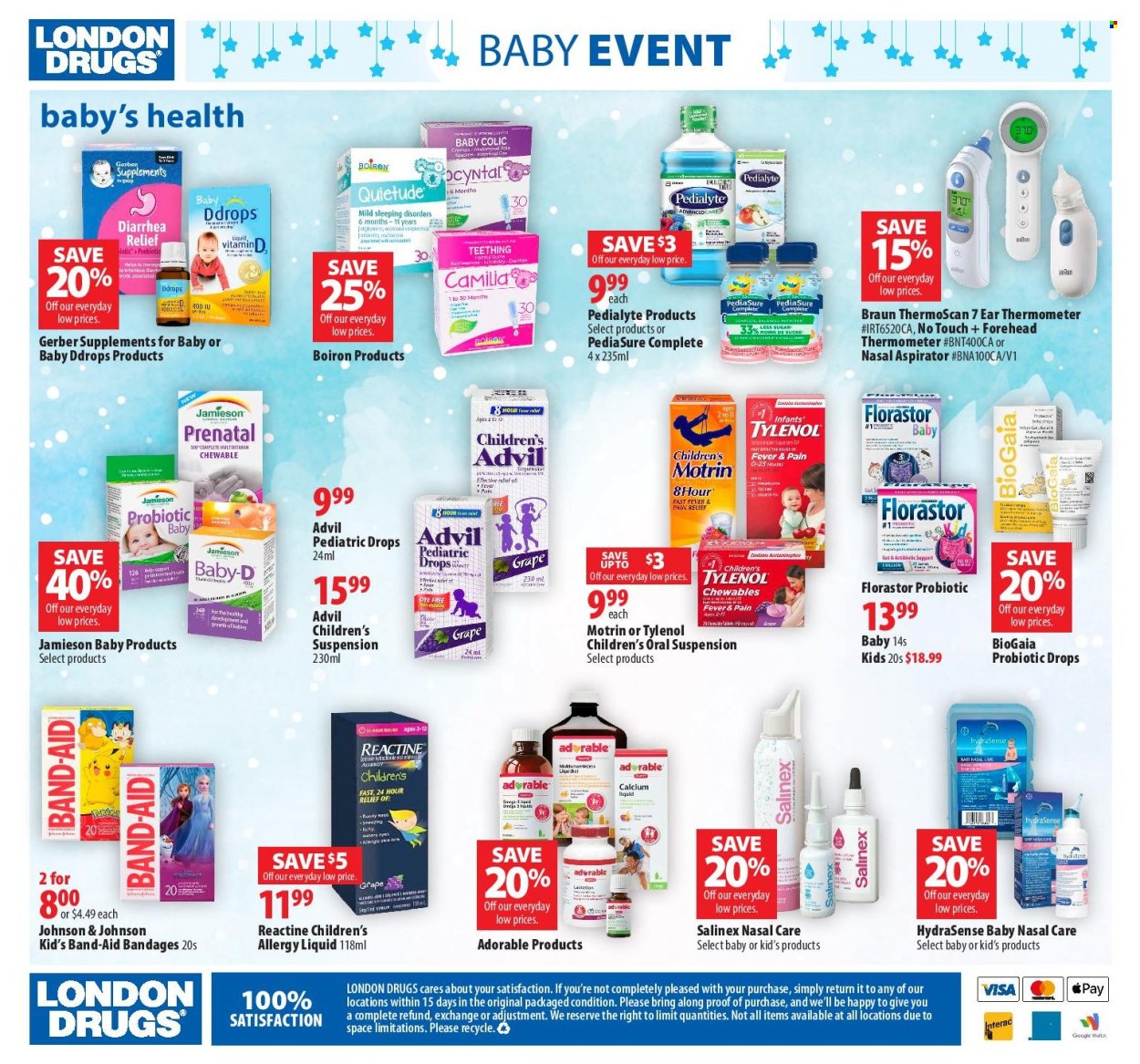 thumbnail - London Drugs Flyer - April 26, 2024 - May 15, 2024 - Sales products - Gerber, sugar, Pedialyte, Johnson's, thermometer, Prenatal, pain relief, calcium, Tylenol, probiotics, Advil Rapid, Boiron, dietary supplement, health supplement, Motrin, allergy control, plaster, band-aid, Braun. Page 8.