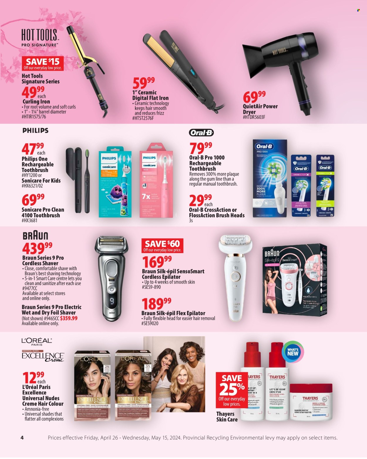 thumbnail - London Drugs Flyer - April 26, 2024 - May 15, 2024 - Sales products - Philips, Silk, toothbrush, L’Oréal, skin care product, hair color, hair removal, shaver, shades, electric toothbrush, Sonicare, epilator, Silk-épil, curling iron, straightener, Braun, Oral-B. Page 4.