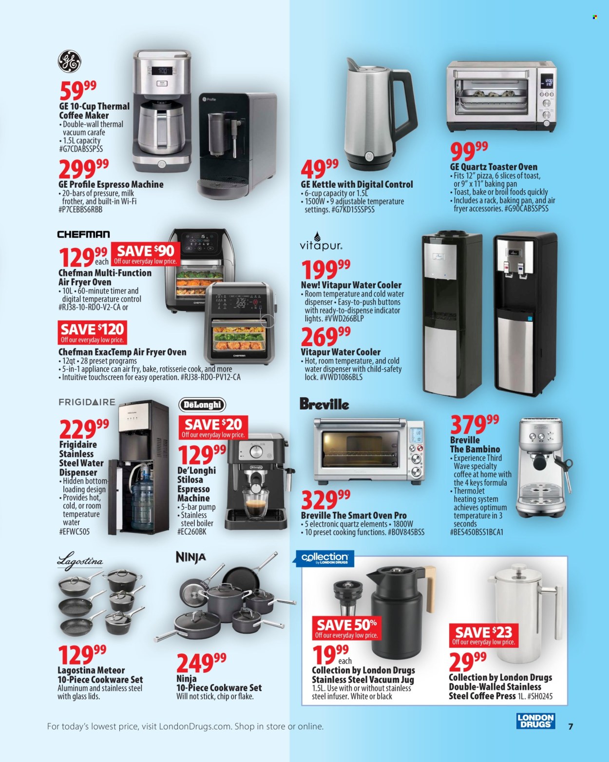 thumbnail - London Drugs Flyer - April 26, 2024 - May 15, 2024 - Sales products - dispenser, cookware set, pan, cup, carafe, Optimum, coffee machine, Chefman, De'Longhi, espresso maker, vacuum cleaner, air fryer, kettle, water dispenser, milk frother. Page 7.