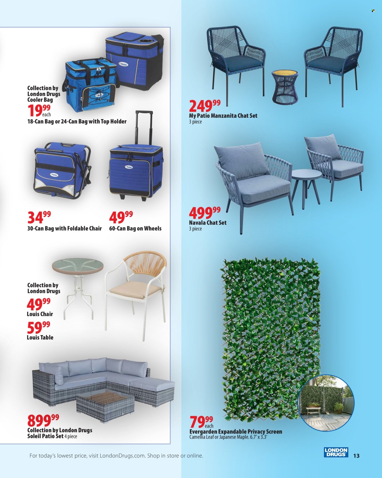 thumbnail - London Drugs Flyer - April 26, 2024 - May 15, 2024 - Sales products - chair, bag, holder, cooler bag, table, patio furniture, patio set. Page 13.