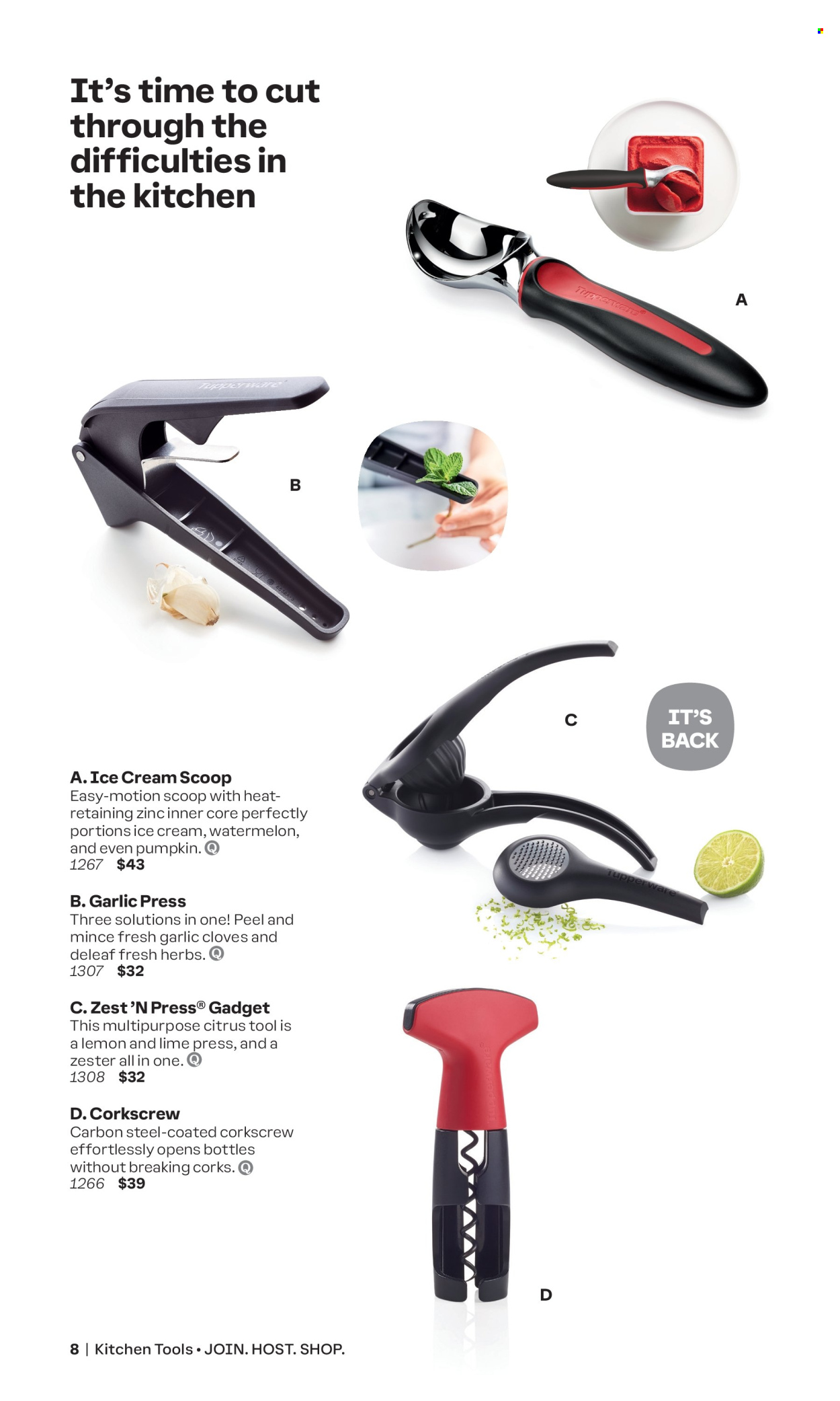 thumbnail - Tupperware Flyer - Sales products - garlic press, corkscrew, kitchen tools, ice cream scoop, herbs. Page 8.