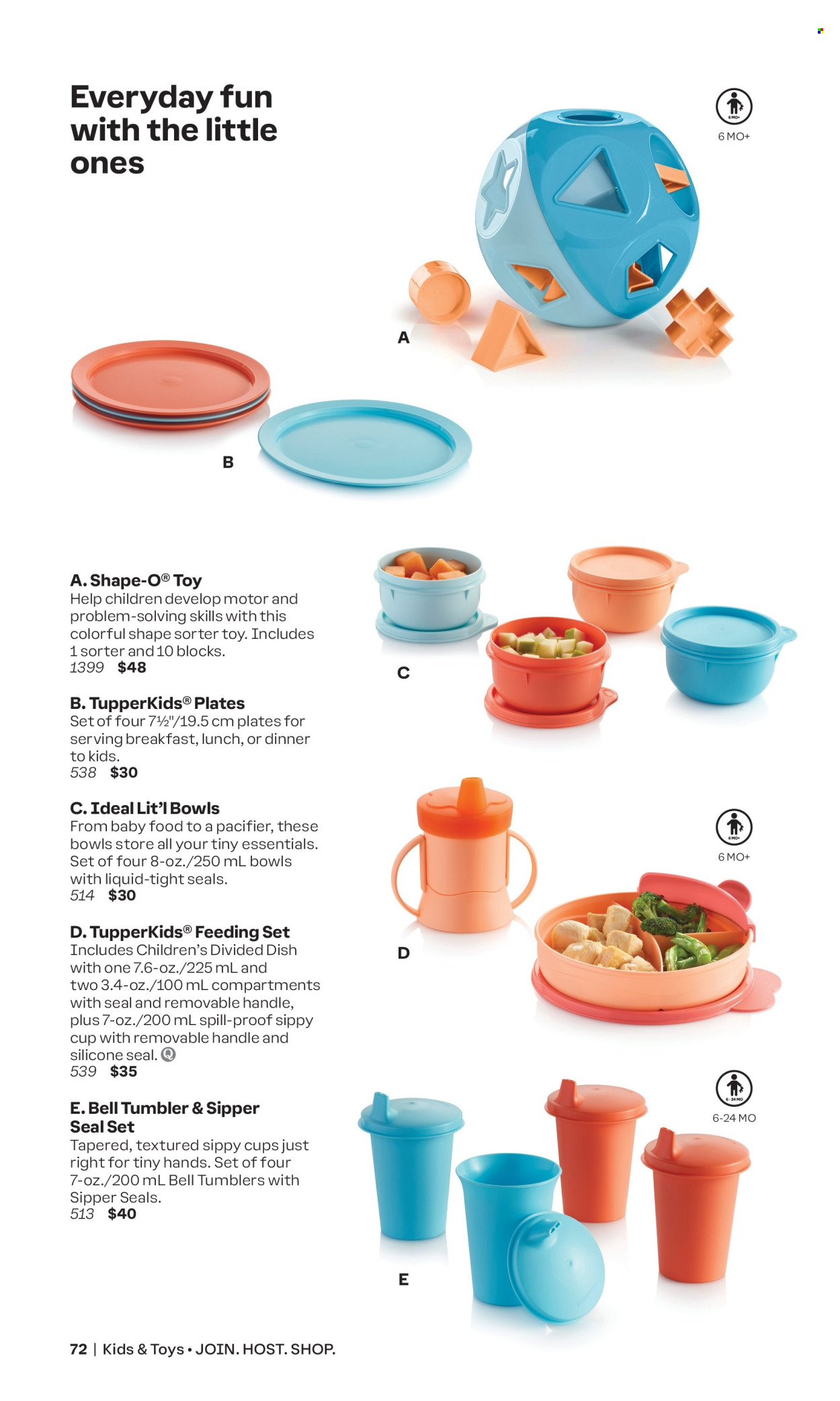 thumbnail - Tupperware Flyer - Sales products - tumbler, plate, cup, bowl, divided dish, toys, pacifier. Page 72.