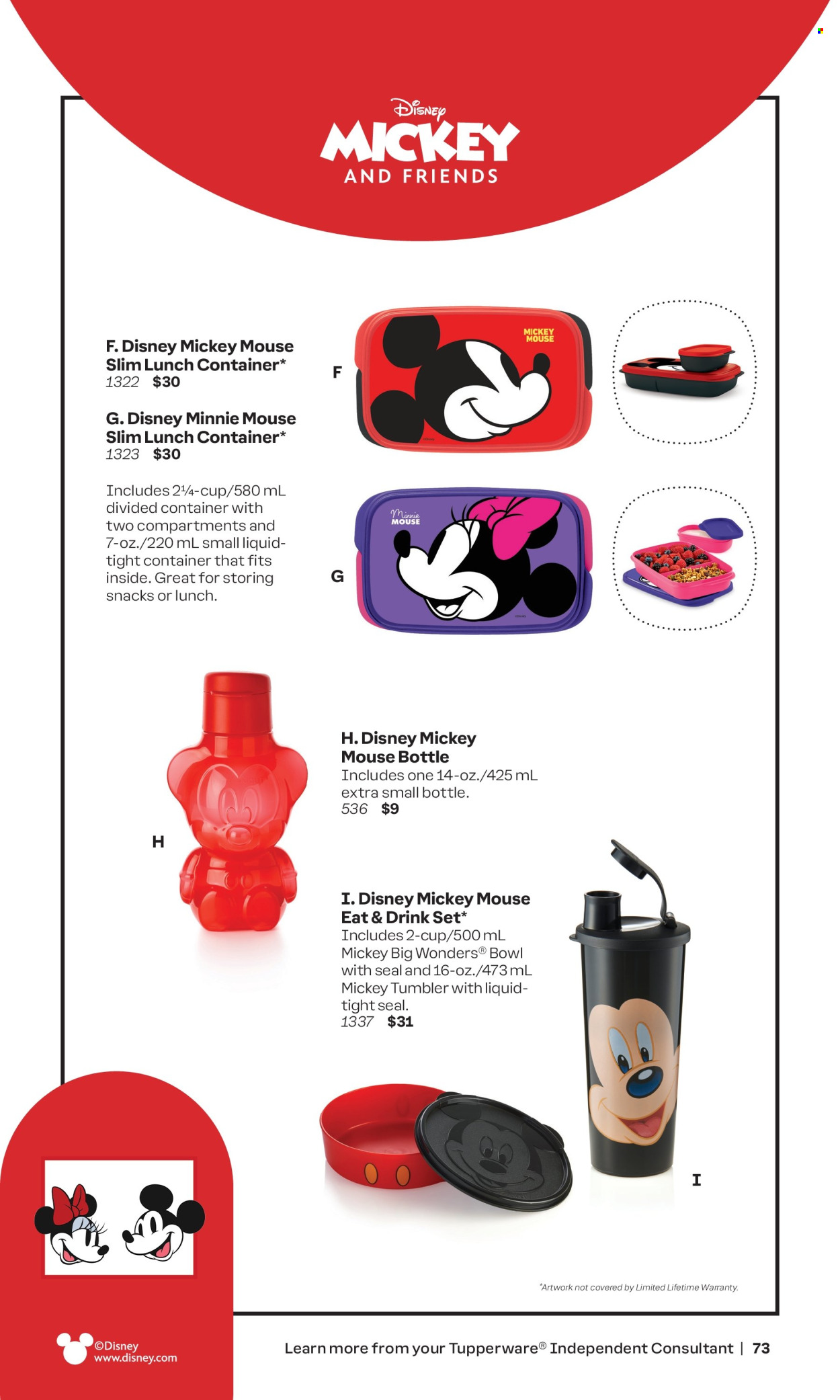 thumbnail - Tupperware Flyer - Sales products - Disney, tumbler, cup, bowl, container, Mickey Mouse, Minnie Mouse. Page 73.