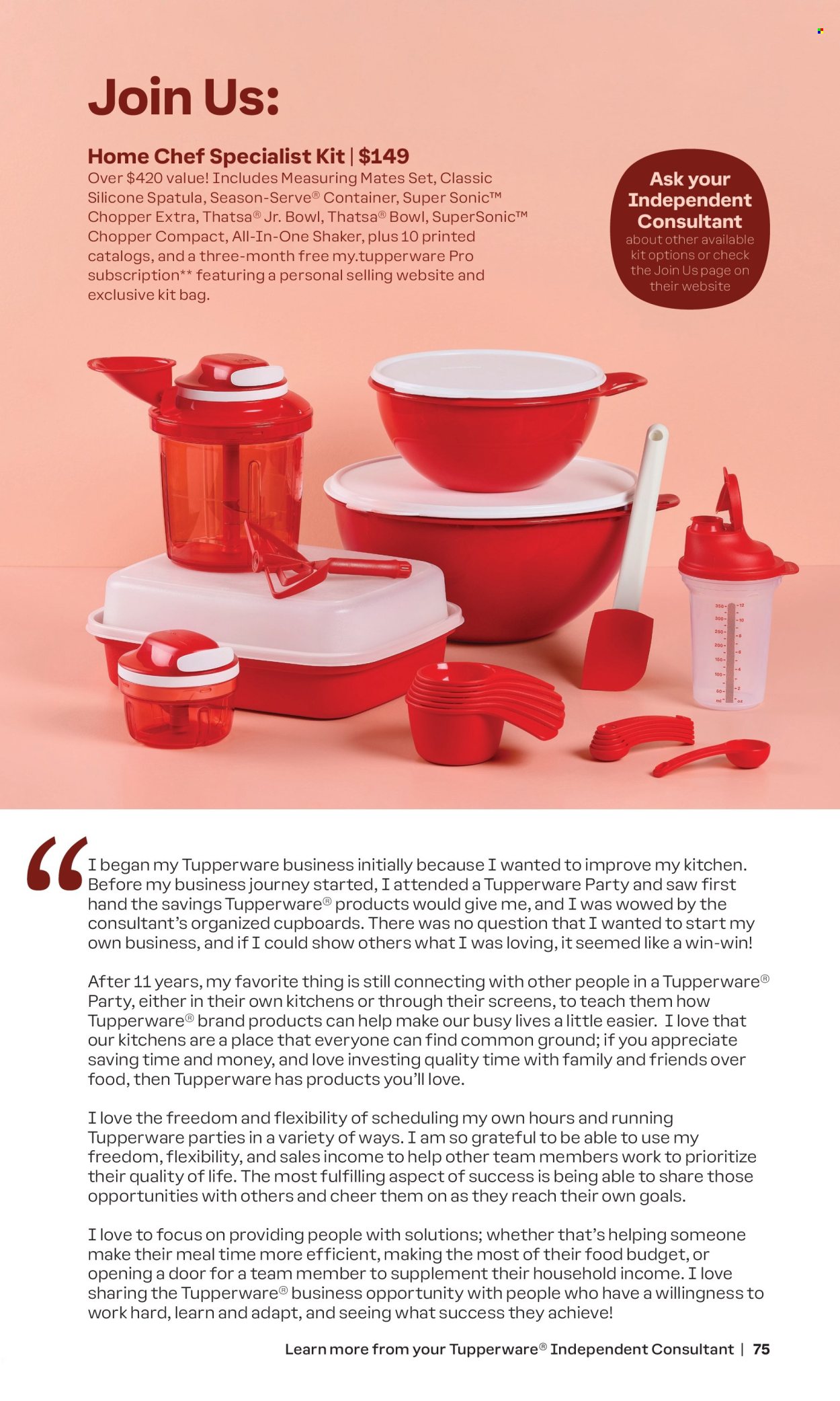 thumbnail - Tupperware Flyer - Sales products - spatula, shaker, handy chopper, bowl, container, bag. Page 75.