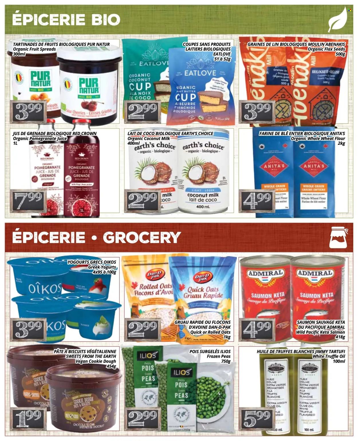 thumbnail - PA Nature Flyer - April 29, 2024 - May 12, 2024 - Sales products - cookie dough, peas, salmon, greek yoghurt, yoghurt, Oikos, plant-based milk, butter, sweets, flour, wheat flour, whole wheat flour, coconut milk, rolled oats, Quick Oats, Dan-D Pak, extra virgin olive oil, olive oil, truffle oil, juice. Page 2.
