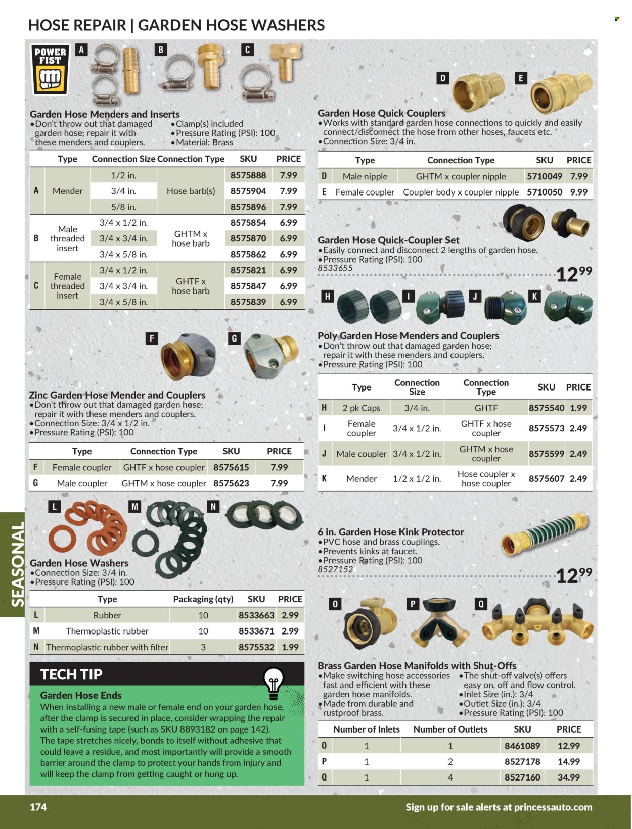 thumbnail - Princess Auto Flyer - Sales products - faucet, adhesive, blanket, washers, clamp, garden hose, hose accessories. Page 176.