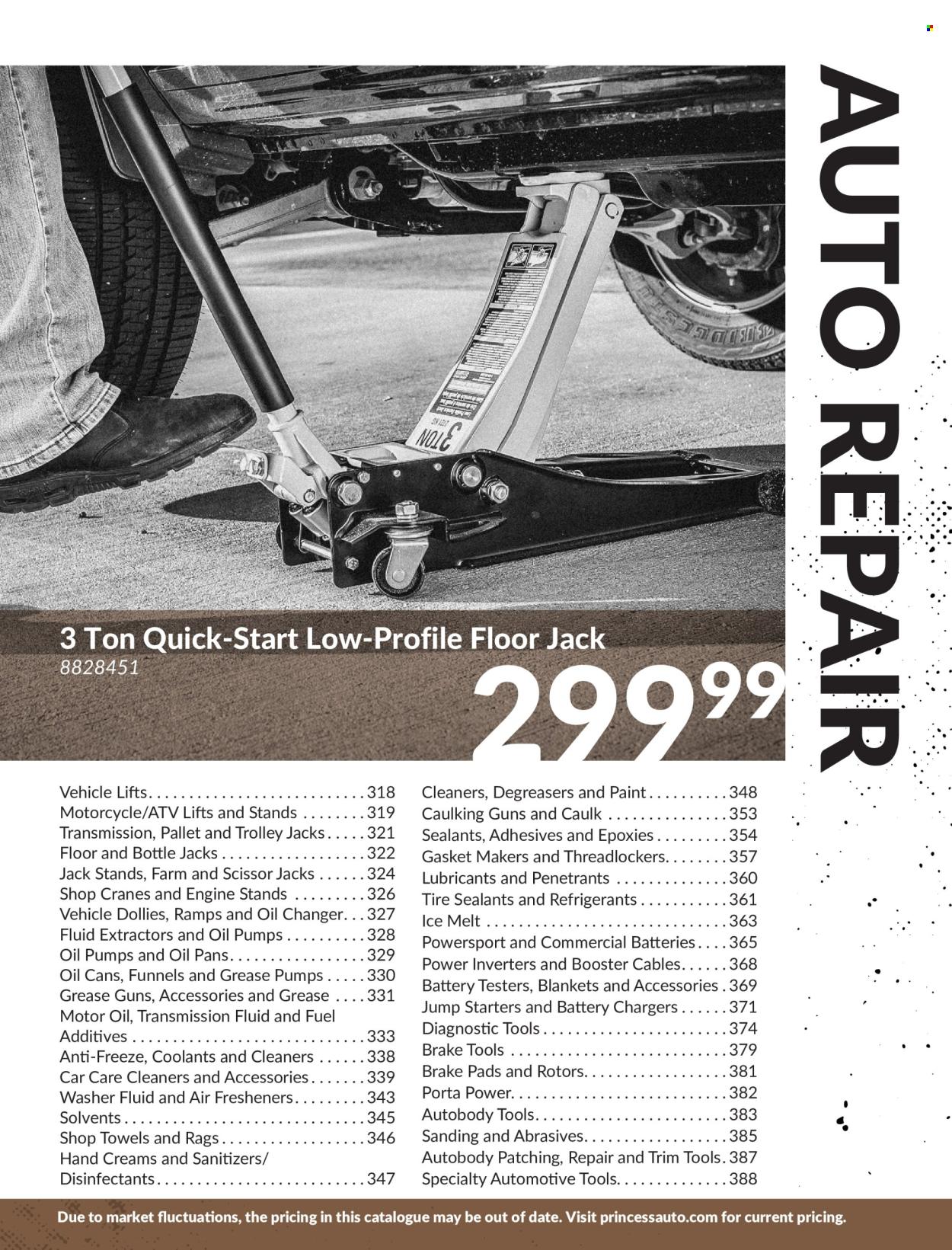 thumbnail - Princess Auto Flyer - Sales products - scissors, blanket, lubricant, trolley, vehicle, motorcycle, floor jack, brake pad, battery charger, booster cables, air freshener, ice melter, cleaner, washer fluid, motor oil, transmission fluid. Page 321.