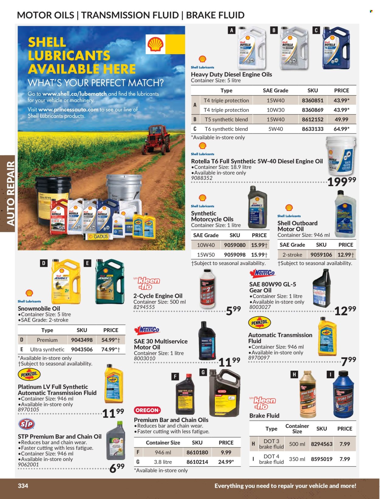 thumbnail - Princess Auto Flyer - Sales products - lubricant, container, motorcycle, STP, motor oil, Rotella, Shell, transmission fluid, brake fluid. Page 338.