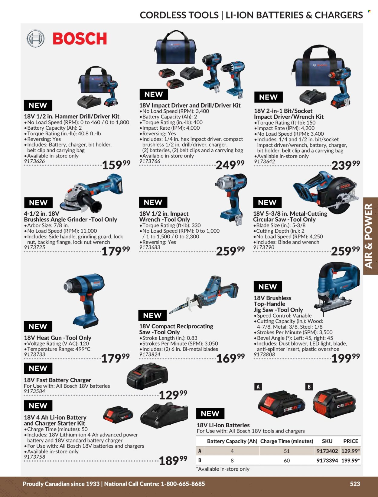 thumbnail - Princess Auto Flyer - Sales products - Bosch, impact driver, hammer drill, circular saw, saw, angle grinder, jig saw, blower, heat gun, battery charger. Page 529.
