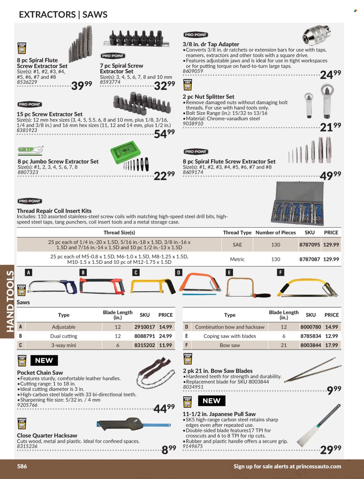 thumbnail - Princess Auto Flyer - Sales products - socket, bolt, chain saw, hacksaw, bowsaw, hand tools, knife, tap adapter. Page 592.