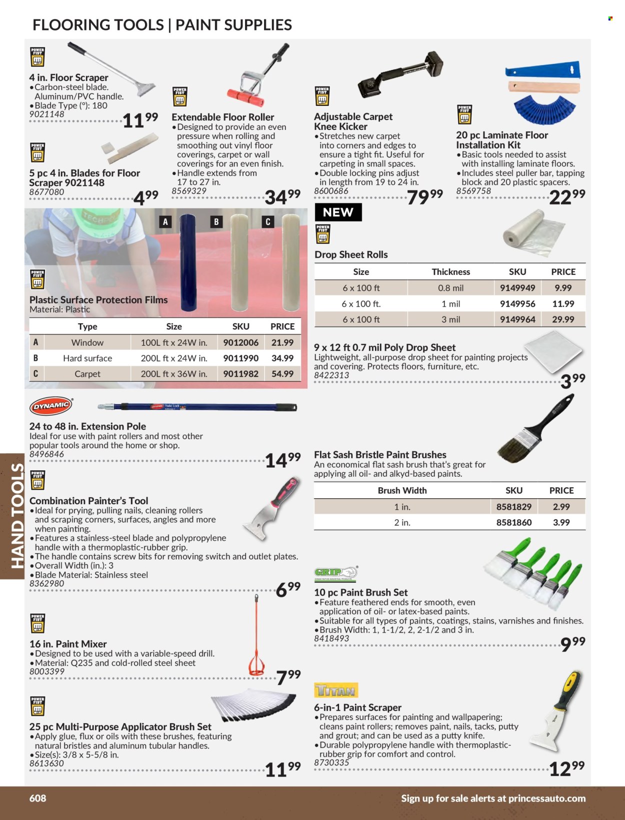 thumbnail - Princess Auto Flyer - Sales products - glue, paint brush, roller, brush set, plastic drop sheet, paint mixer, laminate floor, hand tools, knife. Page 614.