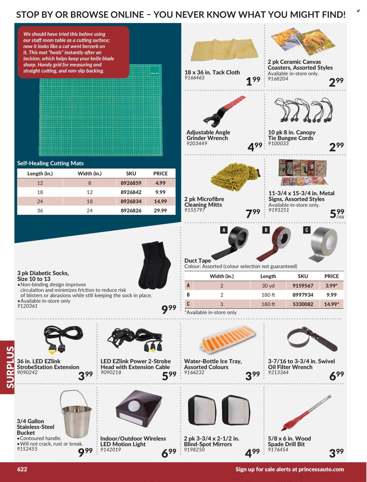 thumbnail - Princess Auto Flyer - Sales products - tray, extension cable, wrench, grinder, spade, knife, table, bungee cords, duct tape, oil filter wrench. Page 628.