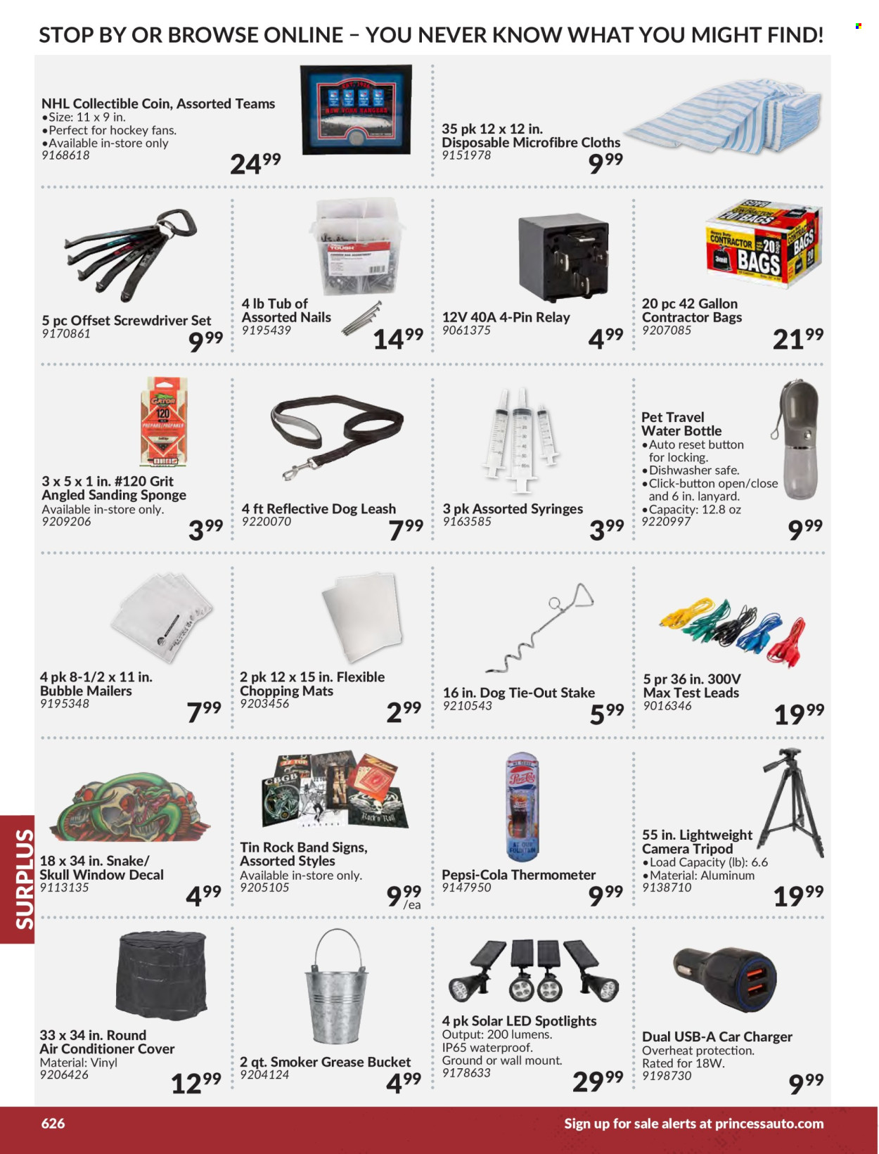 thumbnail - Princess Auto Flyer - Sales products - spotlight, solar led, thermometer, vinyl, window, tripod, screwdriver, screwdriver set, smoker. Page 632.