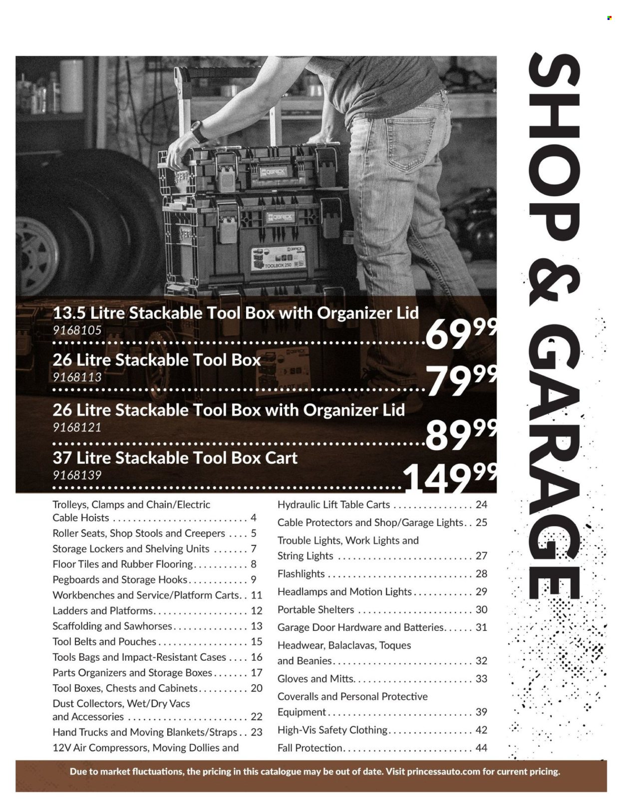 thumbnail - Princess Auto Flyer - April 23, 2024 - April 22, 2025 - Sales products - roller, string lights, floor tile, hook, tool box, air compressor, gloves, blanket, cart, table, headlamp, storage box, tool belt, battery. Page 3.