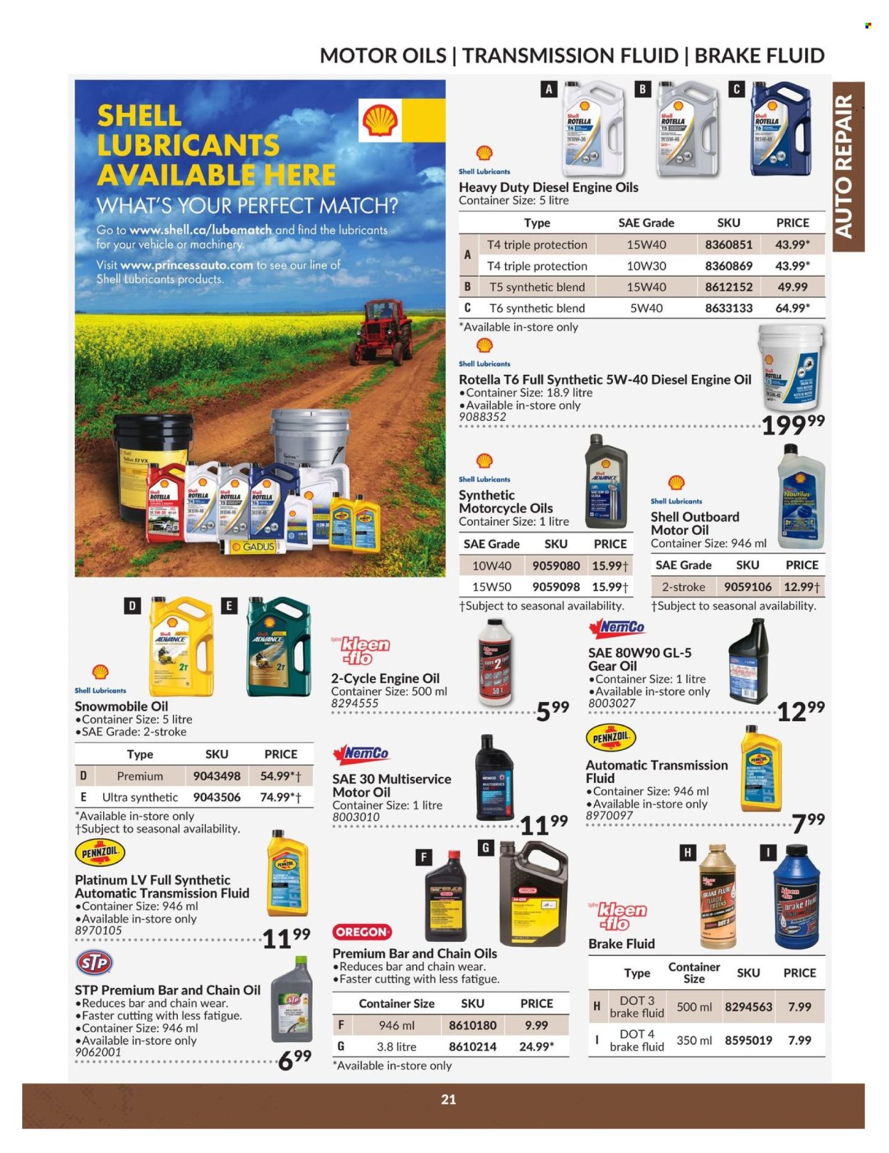 thumbnail - Princess Auto Flyer - April 23, 2024 - April 22, 2025 - Sales products - lubricant, container, motorcycle, STP, motor oil, Rotella, Shell, transmission fluid, brake fluid, Pennzoil. Page 21.