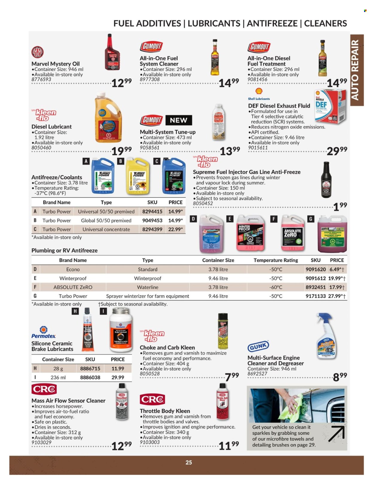 thumbnail - Princess Auto Flyer - April 23, 2024 - April 22, 2025 - Sales products - lubricant, sprayer, container, engine cleaner, fuel system cleaner, microfiber towel, cleaner, antifreeze, degreaser, Rotella, Shell, fuel supplement, exhaust fluid, Gumout. Page 25.