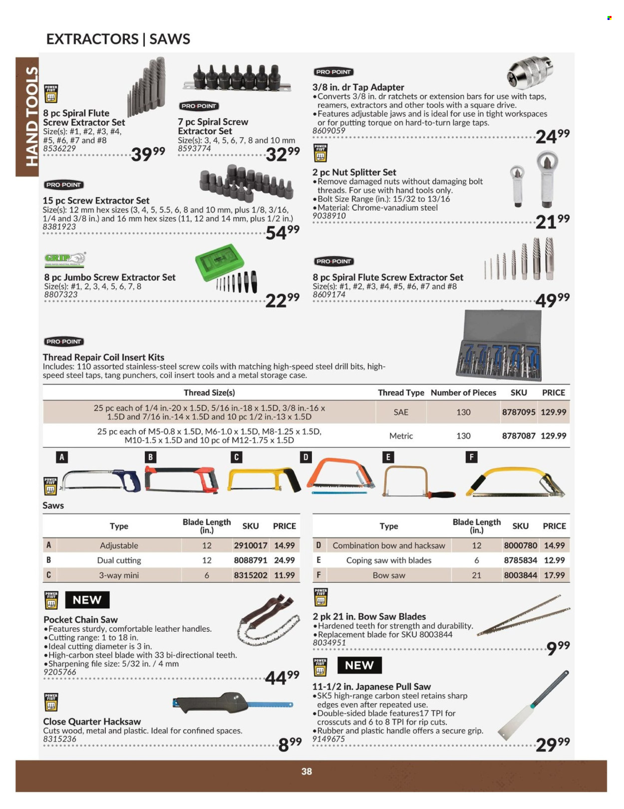 thumbnail - Princess Auto Flyer - April 23, 2024 - April 22, 2025 - Sales products - bolt, chain saw, hacksaw, bowsaw, hand tools, tap adapter. Page 38.