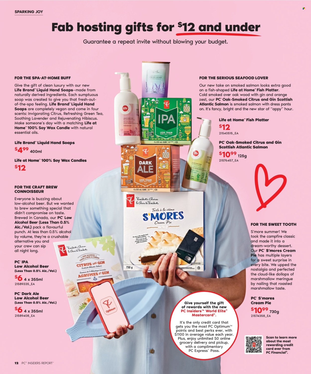 thumbnail - Real Canadian Superstore Flyer - Sales products - cream pie, dessert, meringue, salmon, smoked salmon, seafood, marshmallows, green tea, tea, gin, punch, beer, IPA, pants, Fab, Joy, hand soap, soap, platters, candle, Optimum, Campfire, lavender. Page 12.