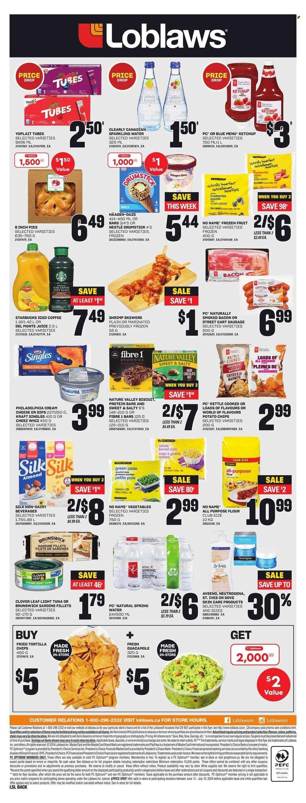 thumbnail - Loblaws Flyer - June 27, 2024 - July 03, 2024 - Sales products - buns, cucumber, watermelon, peaches, cod, fish fillets, salmon, salmon fillet, scallops, haddock, seafood, shrimps, shrimp skewers, pizza, chicken breasts, Activia, ice cream, tortilla chips, potato chips, Lay’s, salty snack, Canada Dry, Coca-Cola, ginger ale, Pepsi, soft drink, carbonated soft drink, ground chicken, chicken, steak, ribs, pork meat, pork ribs, pork back ribs, probiotics. Page 2.