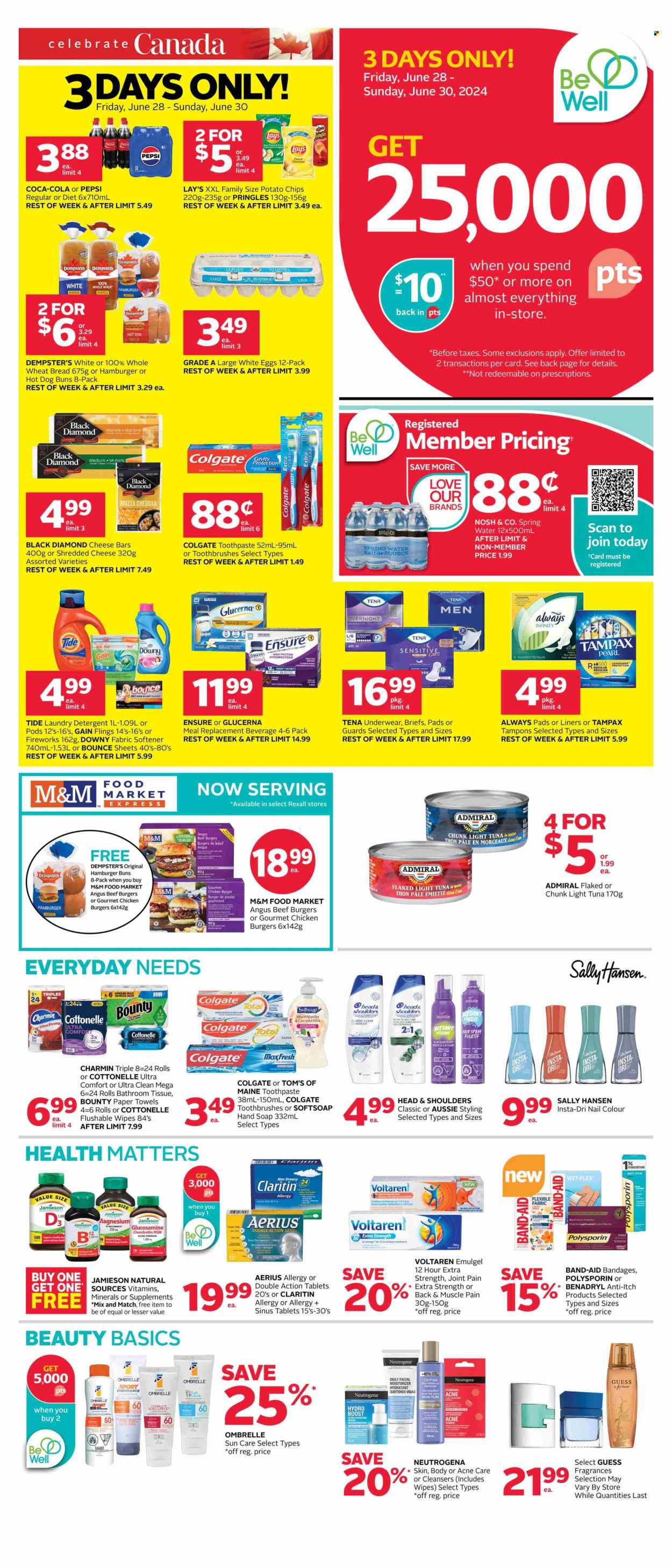 thumbnail - Rexall Flyer - June 28, 2024 - July 04, 2024 - Sales products - bread, wheat bread, hot dog rolls, burger buns, shredded cheese, cheese, eggs, large eggs, Bounty, M&M's, potato chips, Pringles, chips, Lay’s, salty snack, canned tuna, coconut milk, tuna, tuna in water, light tuna, canned fish, Coca-Cola, Pepsi, soft drink, spring water, carbonated soft drink, wipes, ointment, bath tissue, Cottonelle, kitchen towels, paper towels, Charmin, pads, detergent, Gain, Tide, fabric softener, laundry detergent, Bounce, dryer sheets, Downy Laundry, Softsoap, hand soap, Tom's of Maine, toothbrush, toothpaste, Always pads, sanitary pads, tampons, Always Infinity, cleanser, moisturizer, sun care, acne care, Aussie, Head & Shoulders, hair styling product, fragrance, Guess, nail enamel, glucosamine, magnesium, Glucerna, nutritional supplement, dietary supplement, Voltaren, Benadryl, Claritin, allergy control, pain therapy, vitamins, polysporin, plaster, incontinence care, band-aid, Colgate, Neutrogena, Sally Hansen, Tampax. Page 1.
