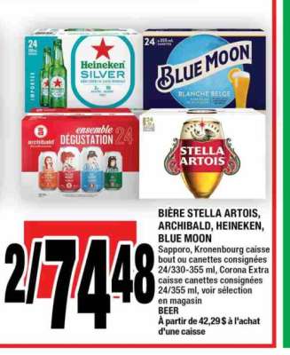 BIÈRE STELLA ARTOIS, ARCHIBALD, HEINEKEN, BLUE MOON
