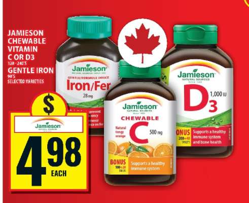 Jamieson Chewable Vitamin C or D3, Gentle Iron