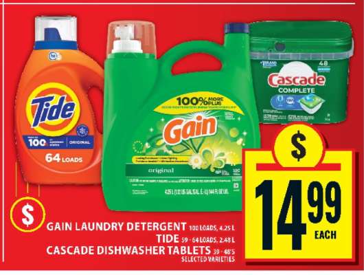 Gain Laundry Detergent, Tide, Cascade Dishwasher Tablets
