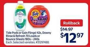 Tide Pods or Gain Flings, Downy Rinse & Refresh, Bounce Sheets