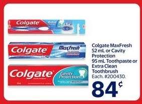 Colgate MaxFresh 52 mL or Cavity Protection 95 mL Toothpaste or Extra Clean Toothbrush