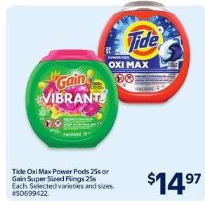 Tide Oxi Max Power Pods 25s or Gain Super Sized Flings 25s