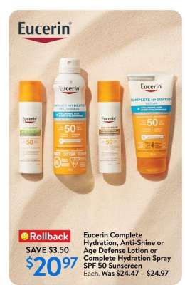 Eucerin Complete Hydration, Anti-Shine or Age Defense Lotion or Complete Hydration Spray SPF 50 Sunscreen
