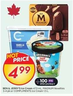 BEN & JERRY'S Ice Cream 473 mL, MAGNUM Novelties 3-4 pk or COMPLIMENTS Ice Cream 1.5 L
