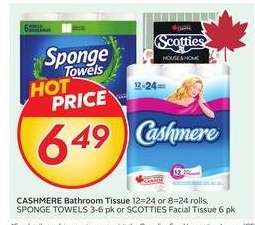 Cashmere Bathroom Tissue, Sponge Towels, Scotties Facial Tissue