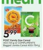 POST Family Size Cereal or COMPLIMENTS Bagged Jumbo Cereal
