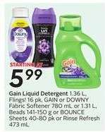 Gain Liquid Detergent, Flings, GAIN or DOWNY Fabric Softener, Beads, BOUNCE Sheets, Rinse Refresh