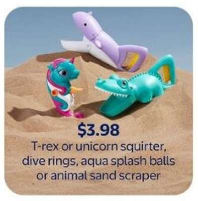 T-rex or unicorn squirter, dive rings, aqua splash balls or animal sand scraper