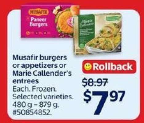 Musafir burgers or appetizers or Marie Callender's entrees