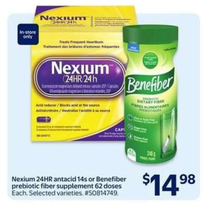Nexium 24HR antacid 14s or Benefiber prebiotic fiber supplement 62 doses