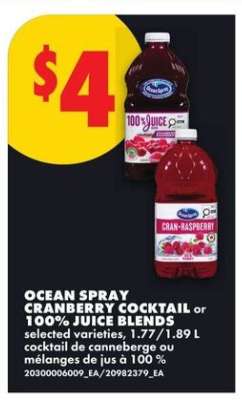 OCEAN SPRAY CRANBERRY COCKTAIL or 100% JUICE BLENDS