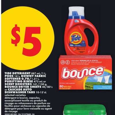 Tide Detergent, Downy Fabric Softener, Bounce Dryer Sheets, Cascade Auto Dishwasher Tabs